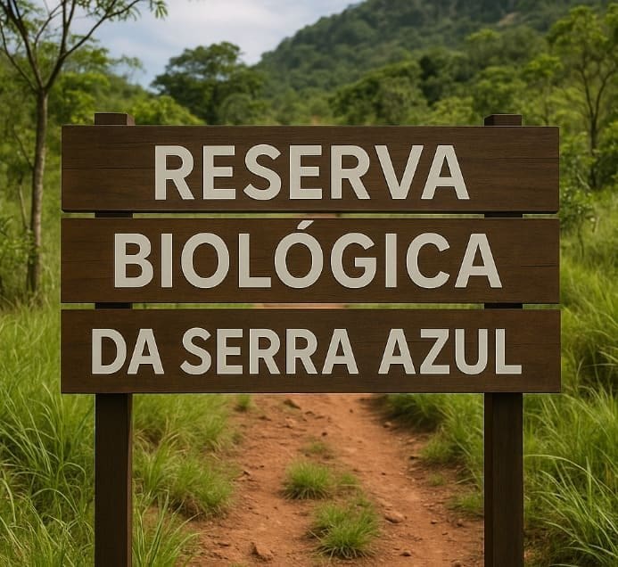 Placa de madeira exibe: Reserva Biológica da Serra Azul com mata densa e vegetação nativa ao fundo.