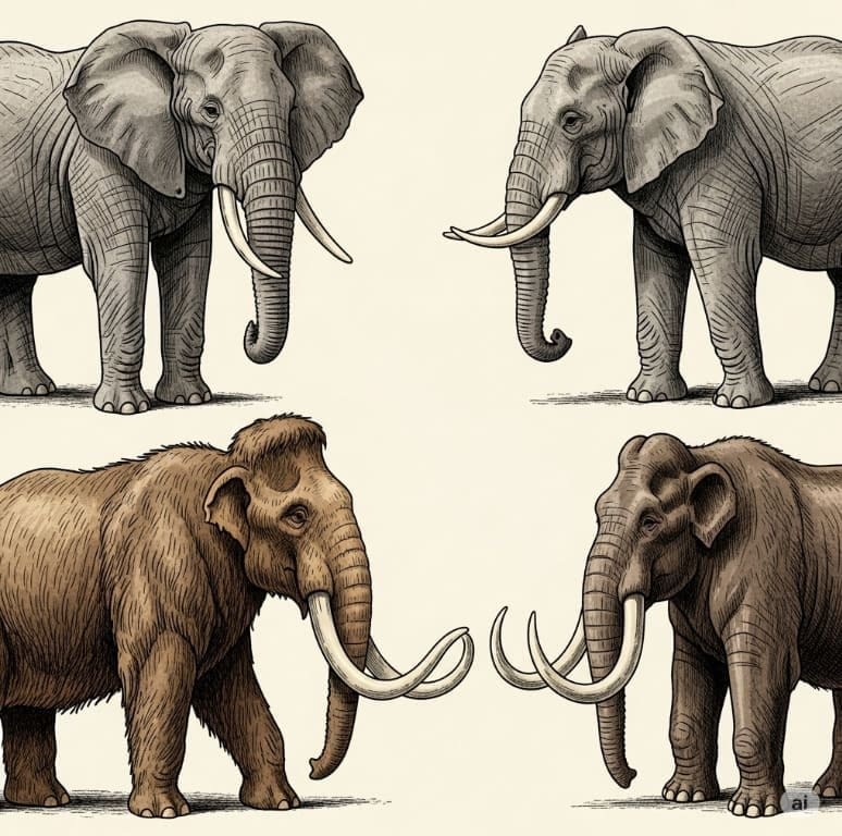Ilustração comparativa de proboscídeos, incluindo elefantes atuais e espécies extintas como mamutes e mastodontes.