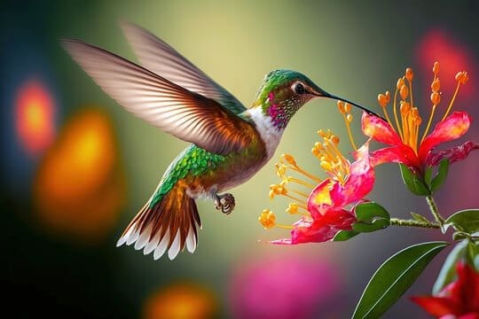 Um lindo beija flor verde suga uma flor vermelha. Devemos ficar atentos à perda de polinizadores
