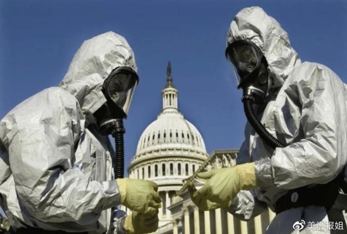Dois especialistas em bioterrorismo aparacendo em frente ao Pentágono
