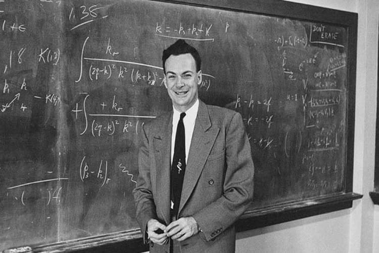 O bem humorado professor Richard Phillips Feynman foi fotografado em frente a um quadro negro