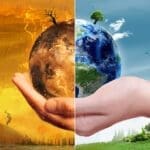 Montagem mostrando dois cenários climáticos contrastantes: à esquerda, uma mão segurando um planeta queimado em um ambiente árido e alaranjado; à direita, uma mão segurando um planeta saudável em um ambiente verde e ensolarado.